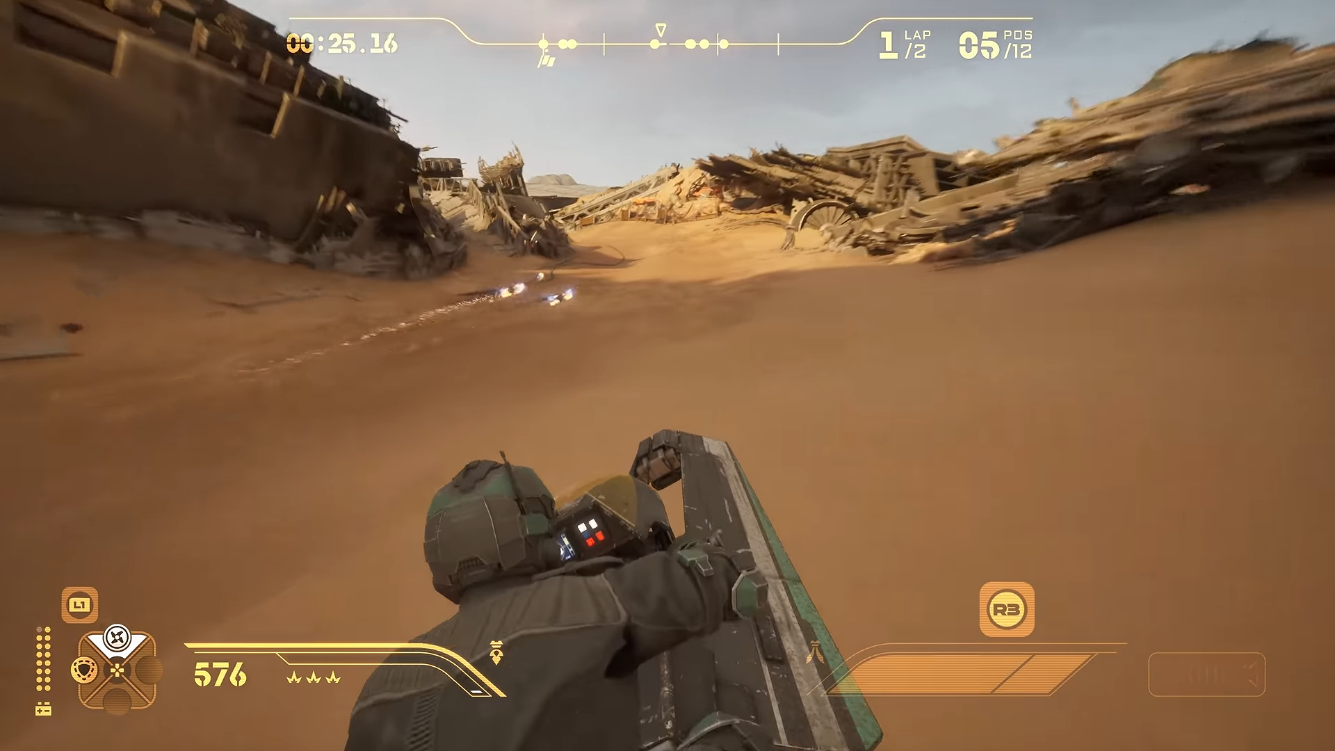 Speeder bike and rider viewed from behind on a sandy racecourse in the official Hibi trailer