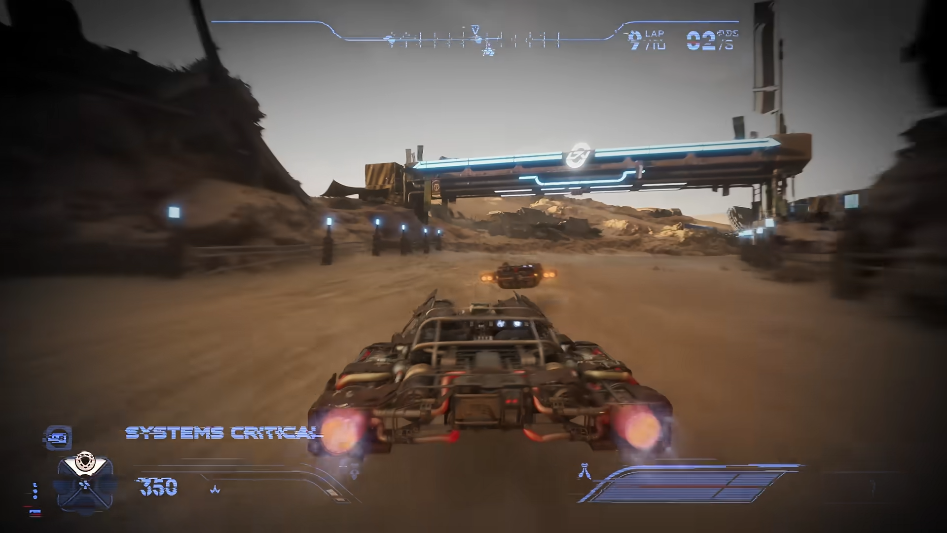 Full-screen racing viewport in IGN’s Galactic Racer review as the narrator discusses the absence of split-screen