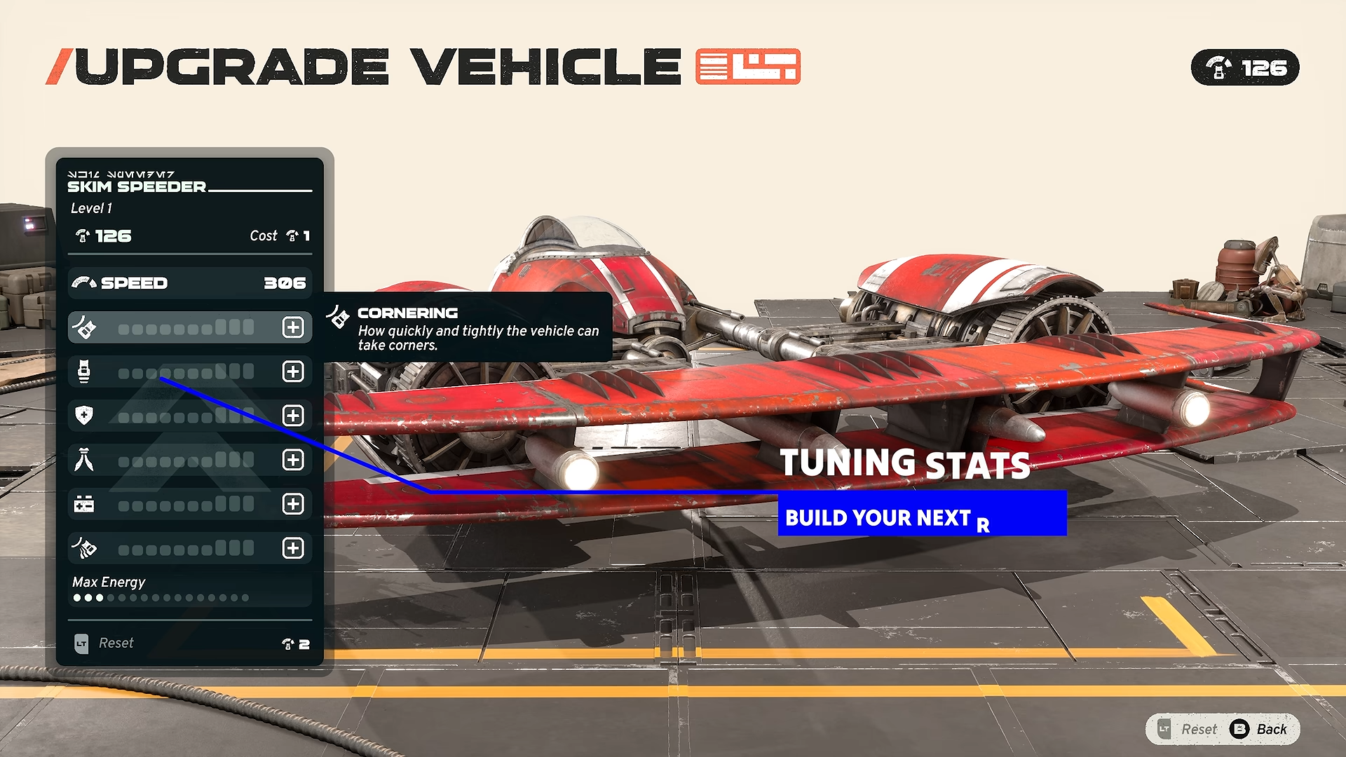 Skim Speeder upgrade menu with Cornering highlighted