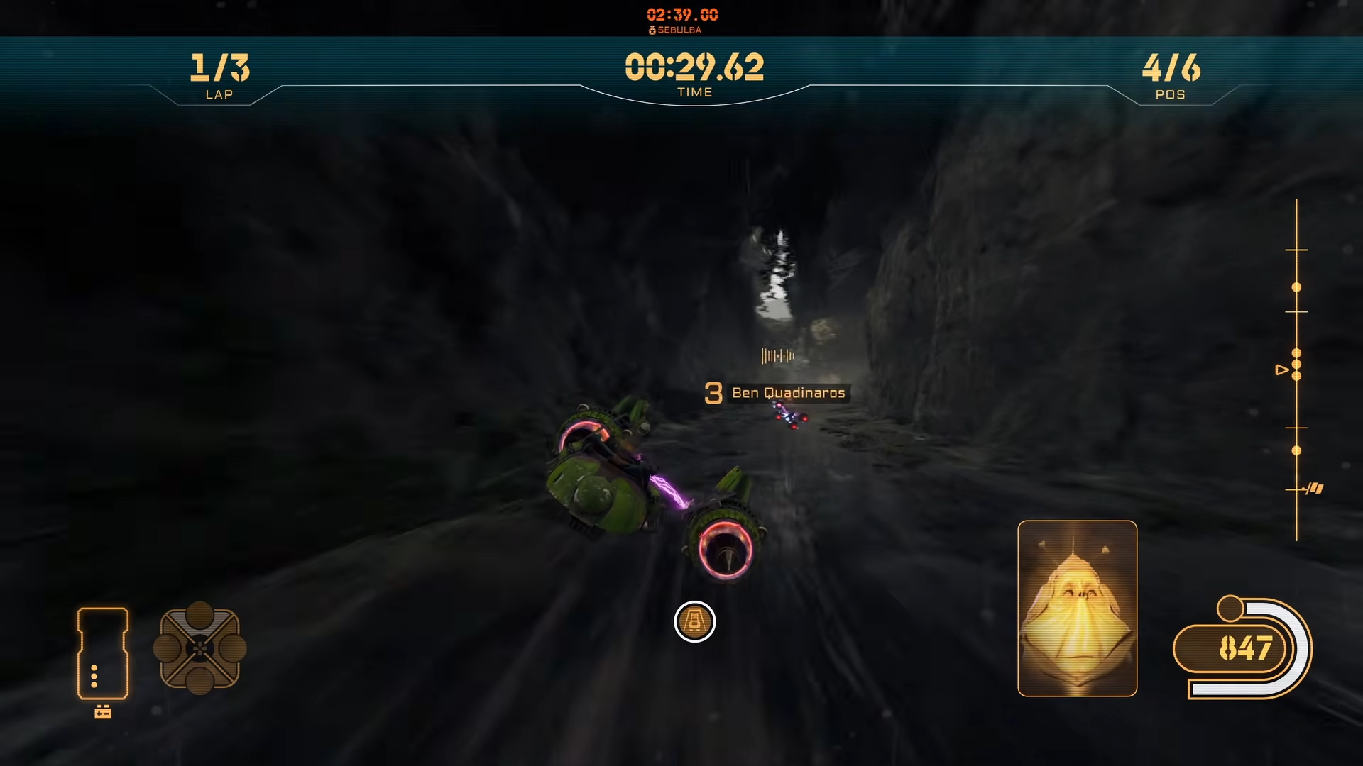 Podracer with two engines and an energy connection racing through a wooded course in the official Hibi trailer