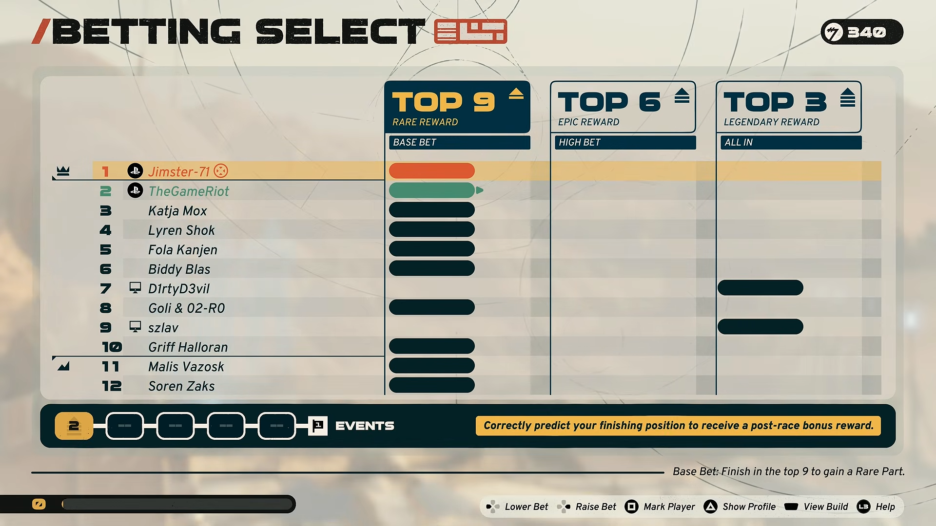 Multiplayer betting screen with twelve racer rows and different platform icons beside player names