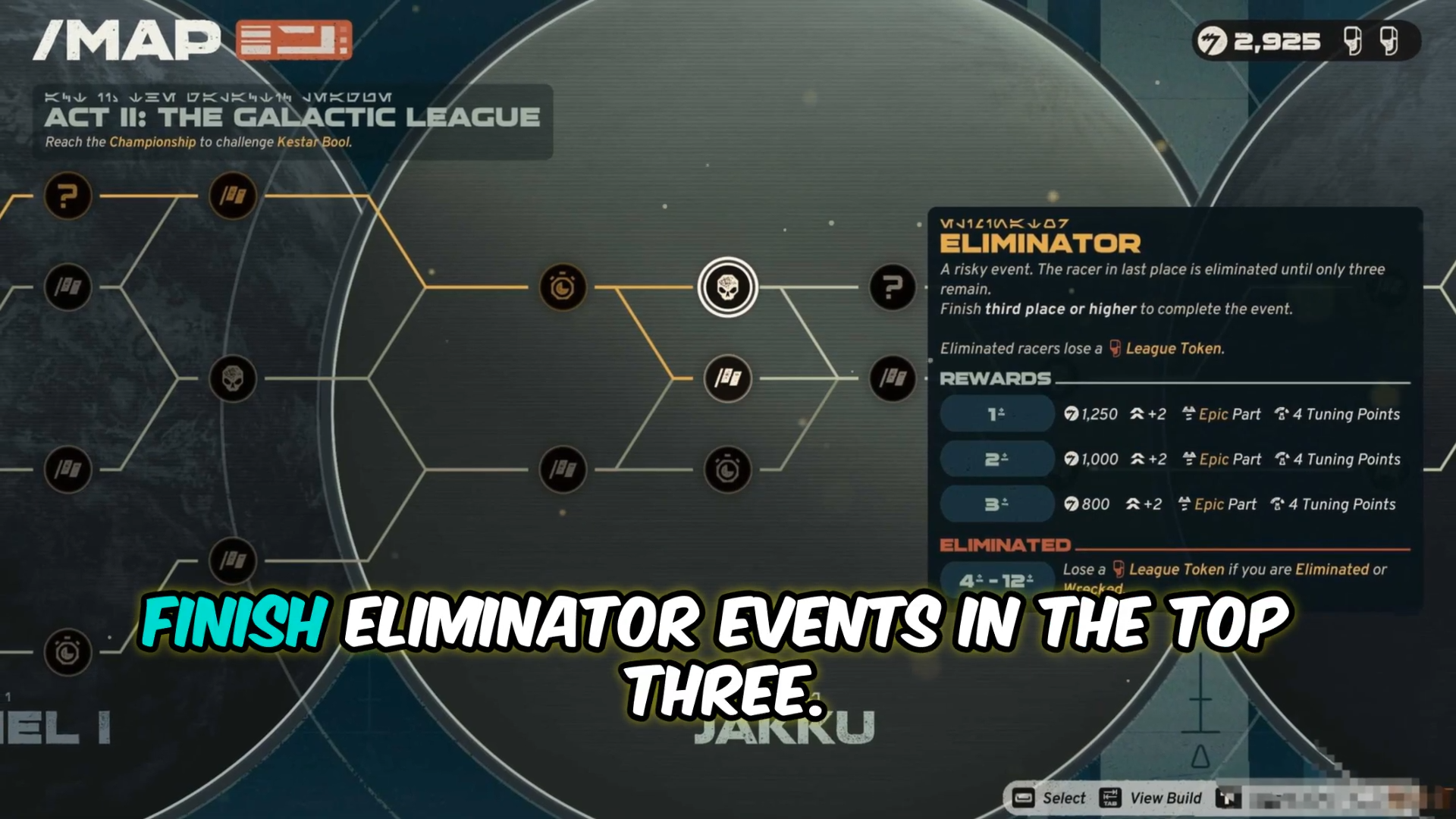 Eliminator event panel on a branching Tour map