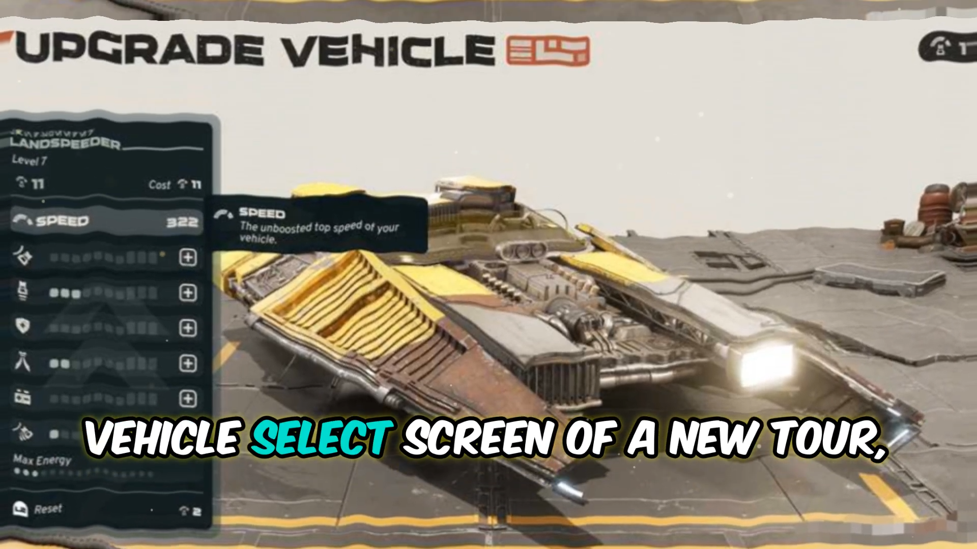Landspeeder upgrade screen with the Speed description selected