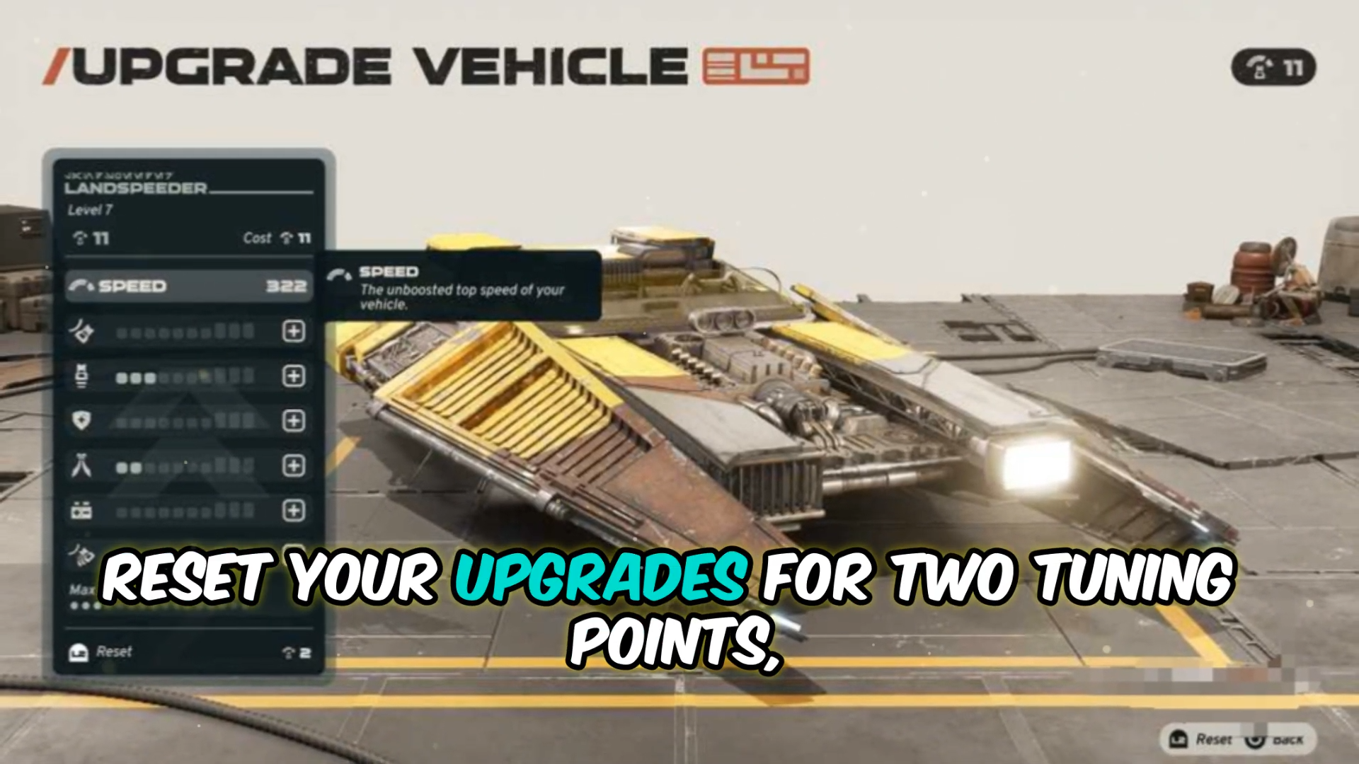 Vehicle upgrade menu displaying Reset with a two-point cost